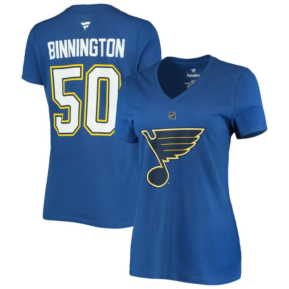 Jordan Binnington St. Louis Blues Fanatics Women's Authentic Stack Name & Number V-Neck T-Shirt - Blue T-shirts