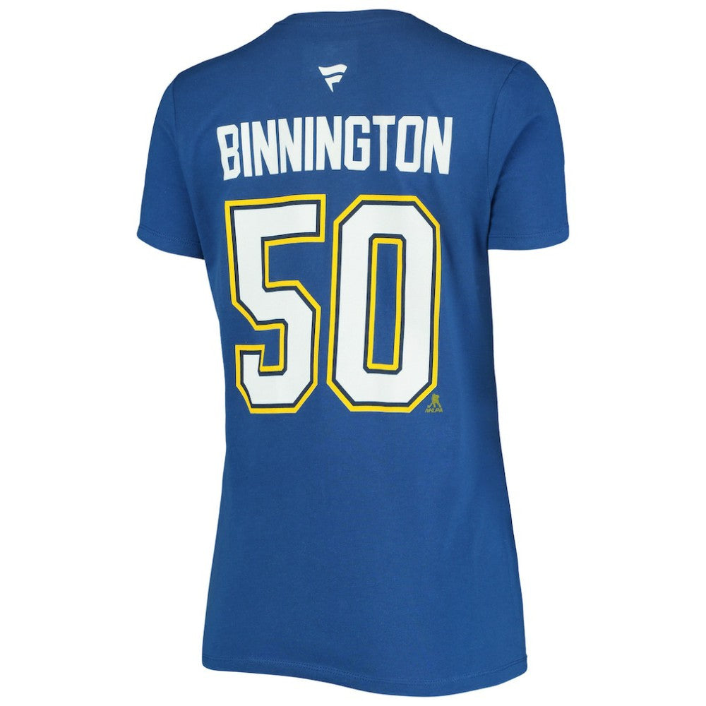 Jordan Binnington St. Louis Blues Fanatics Women's Authentic Stack Name & Number V-Neck T-Shirt - Blue T-shirts
