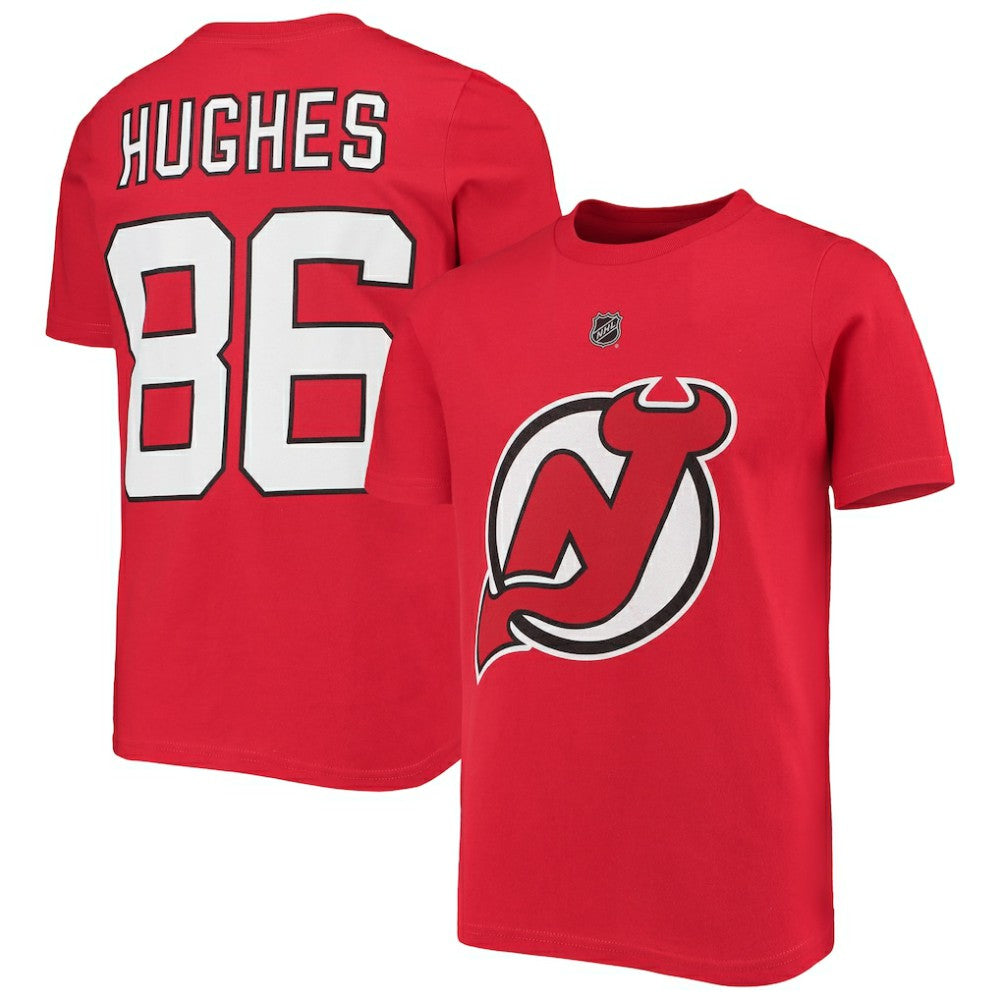 Jack Hughes New Jersey Devils Youth Player Name & Number T-Shirt - Red T-shirts