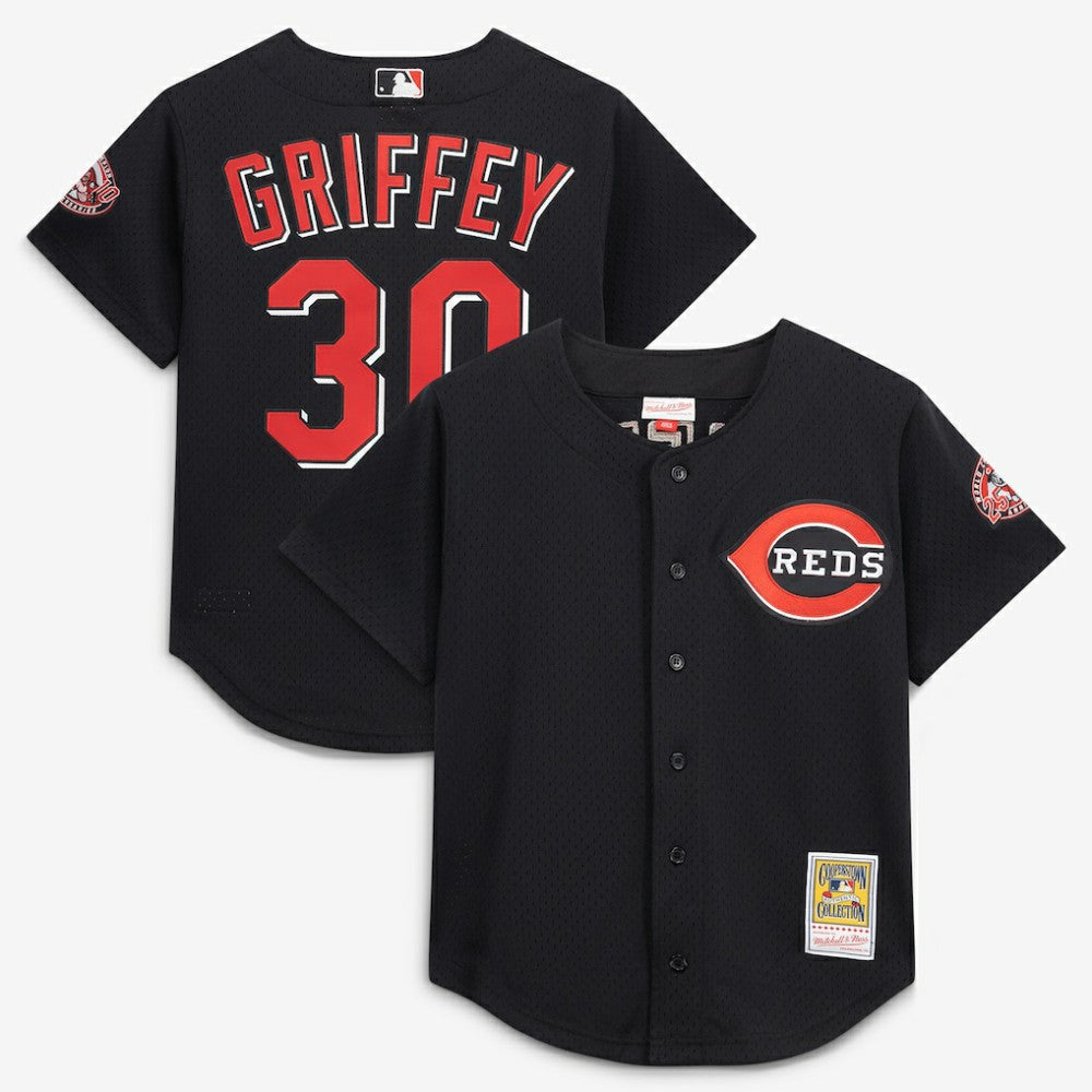Ken Griffey Jr. Cincinnati Reds Cooperstown Collection Mesh Batting Practice Button-Up Jersey Black
