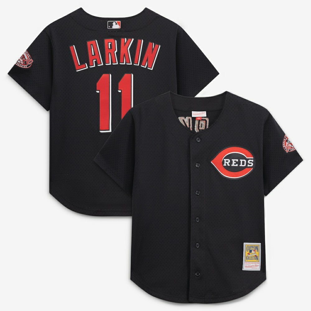 Barry Larkin Cincinnati Reds Cooperstown Collection Mesh Batting Practice Button-Up Jersey Black