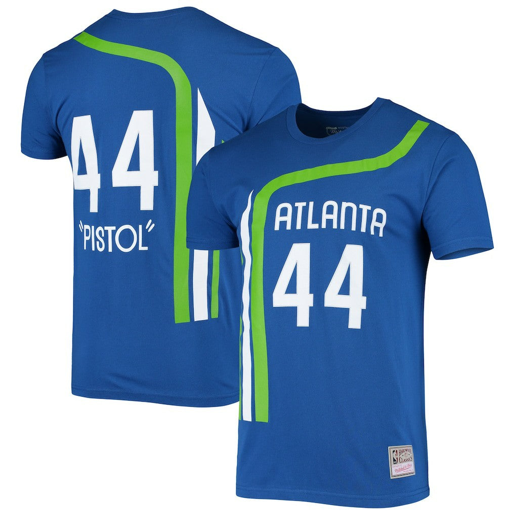 Pete Maravich Atlanta Hawks Hardwood Classics Stitch Name & Number T-Shirt - Blue discount