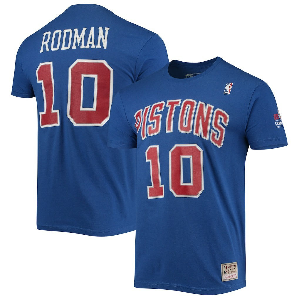 Dennis Rodman Detroit Pistons Hardwood Classics Stitch Name & Number T-Shirt sale - Blue online