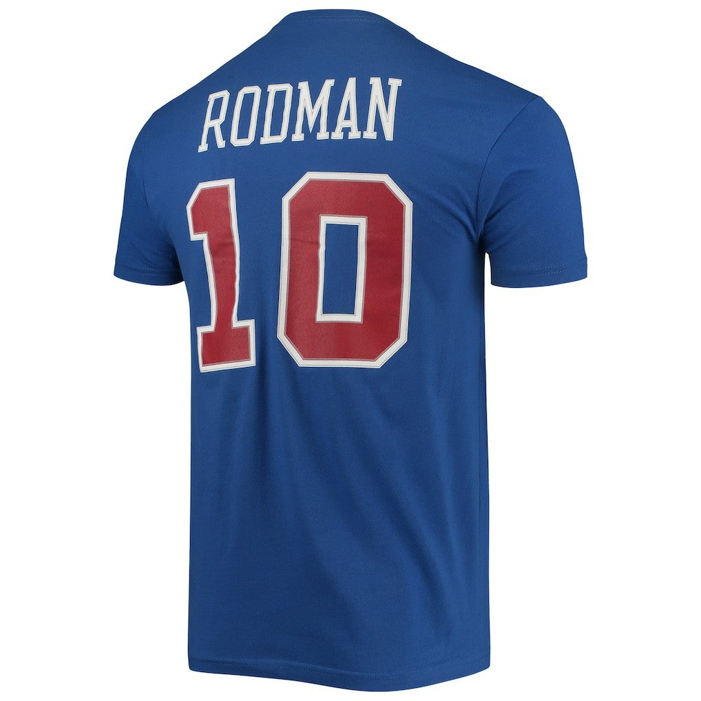 Dennis Rodman Detroit Pistons Hardwood Classics Stitch Name & Number T-Shirt sale - Blue online