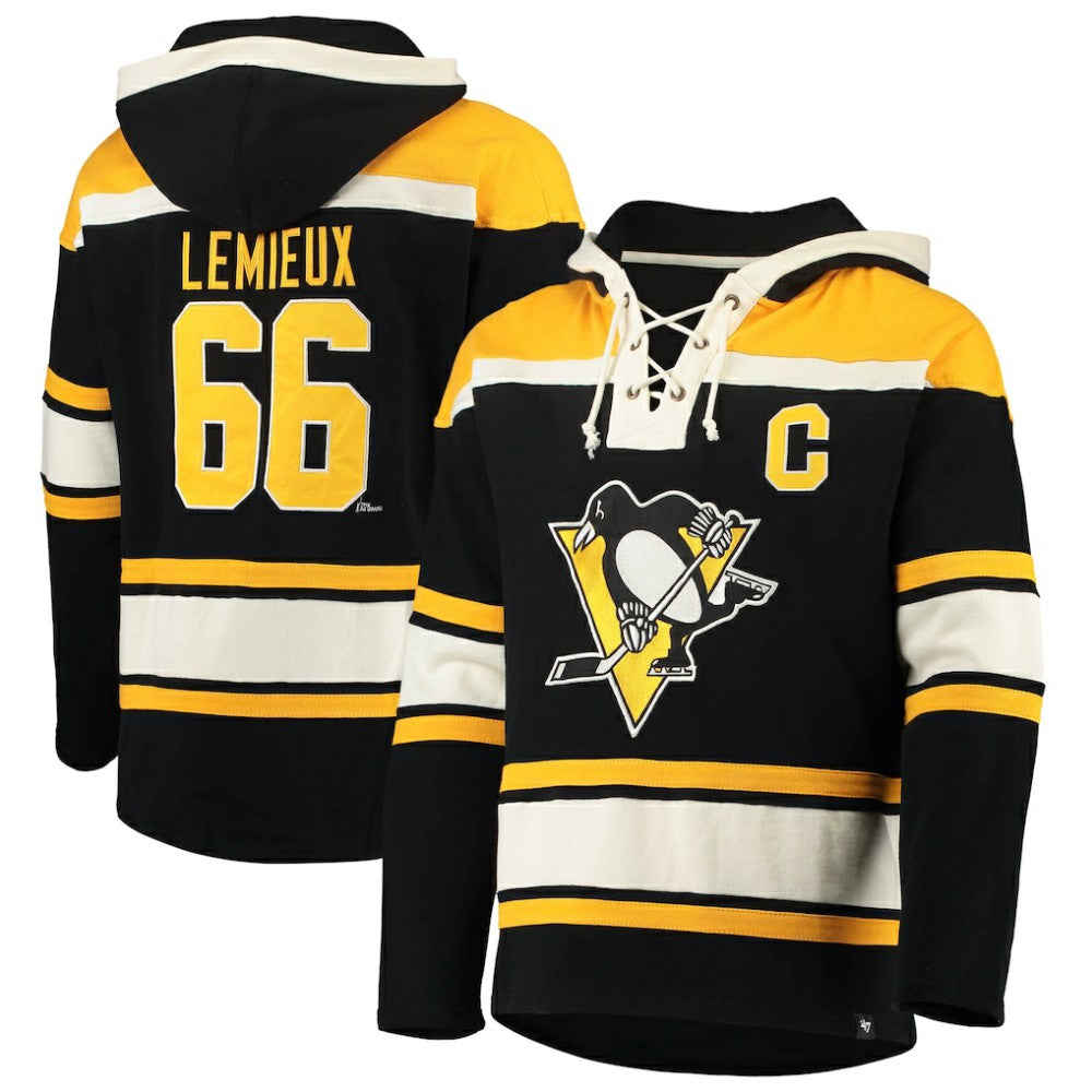 Mario Lemieux Pittsburgh Penguins '47 Retired Player Name & Number Lacer Pullover Hoodie - Black Hoodies