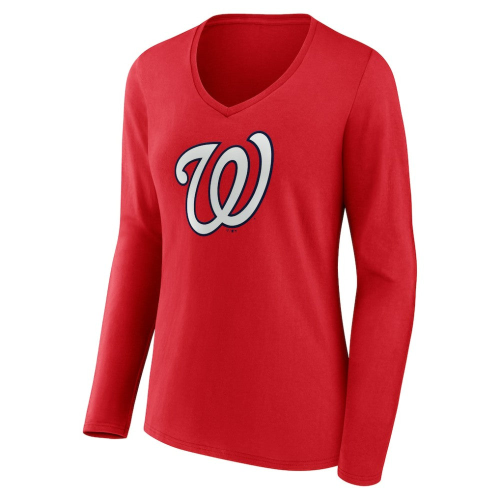 Washington Nationals Women's Official Logo Long Sleeve V-Neck T-Shirt Red