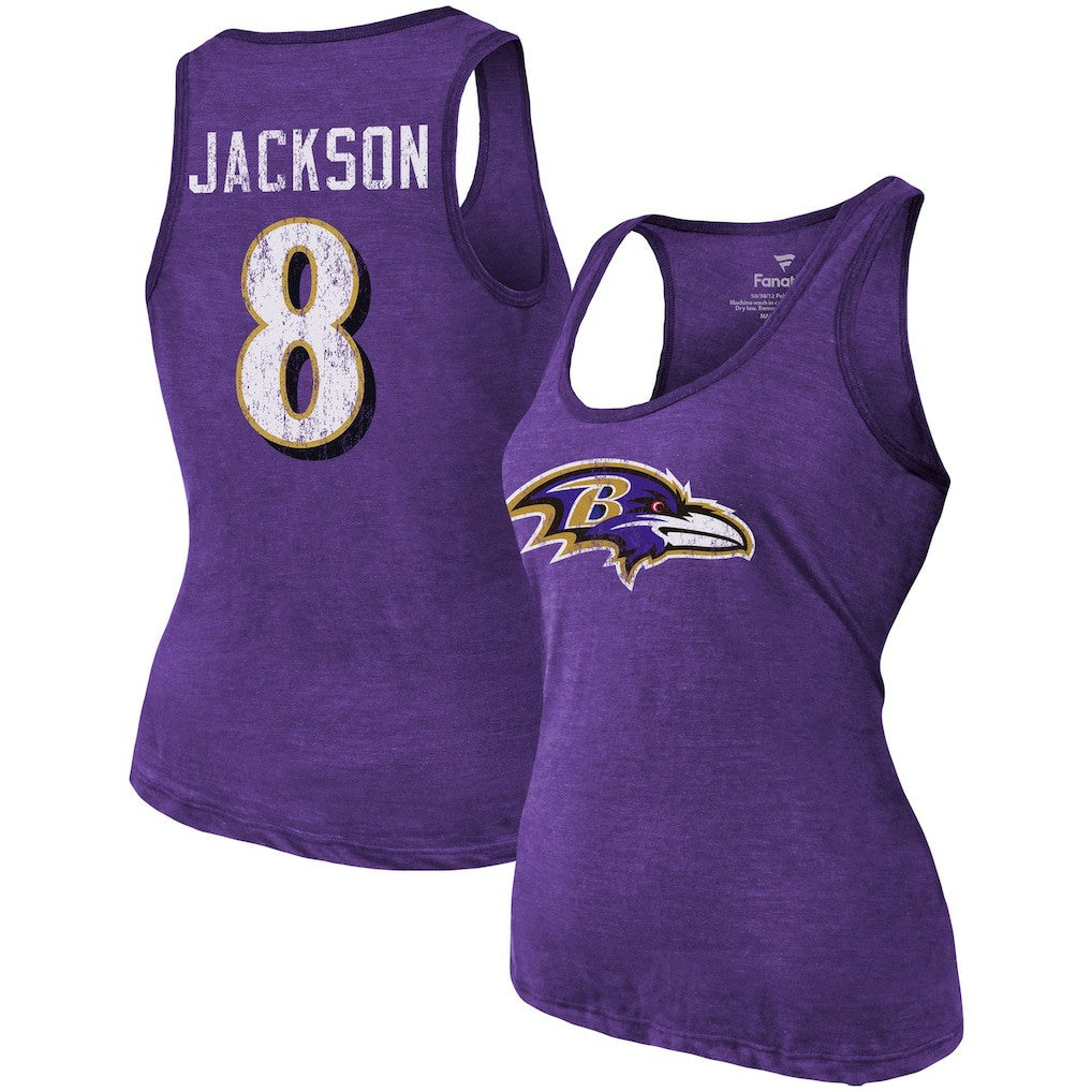 Lamar Jackson Baltimore Ravens Majestic Threads Women's Name & Number Tri-Blend Tank Top - Heathered Purple on sale
