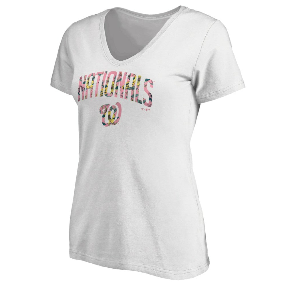 Washington Nationals Women's Floral Arched Logo V-Neck T-Shirt White