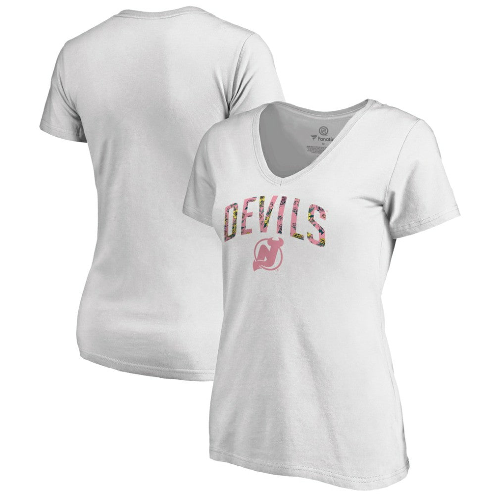 New Jersey Devils Women's Floral Arched V-Neck T-Shirt - White T-shirts