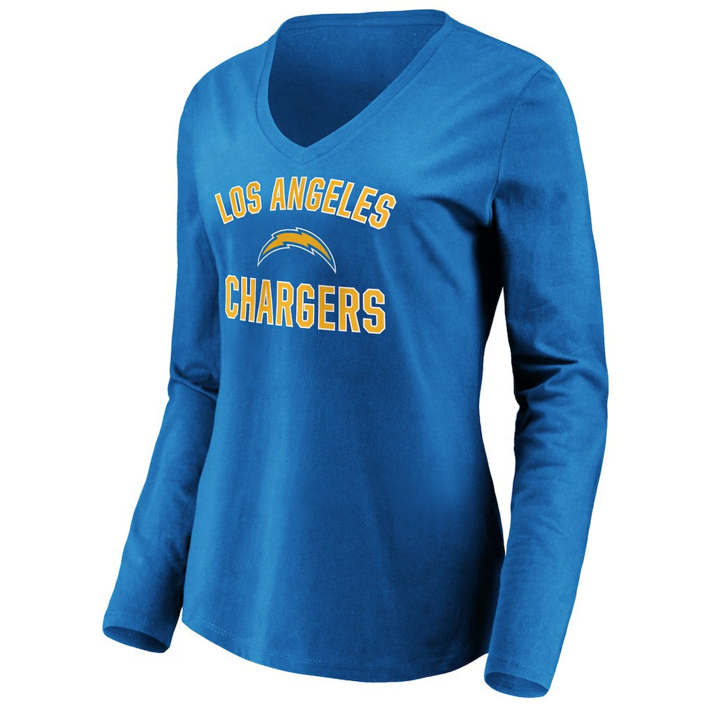 Los Angeles Chargers Women's Victory Arch Long Sleeve V-Neck T-Shirt - Powder Blue on sale
