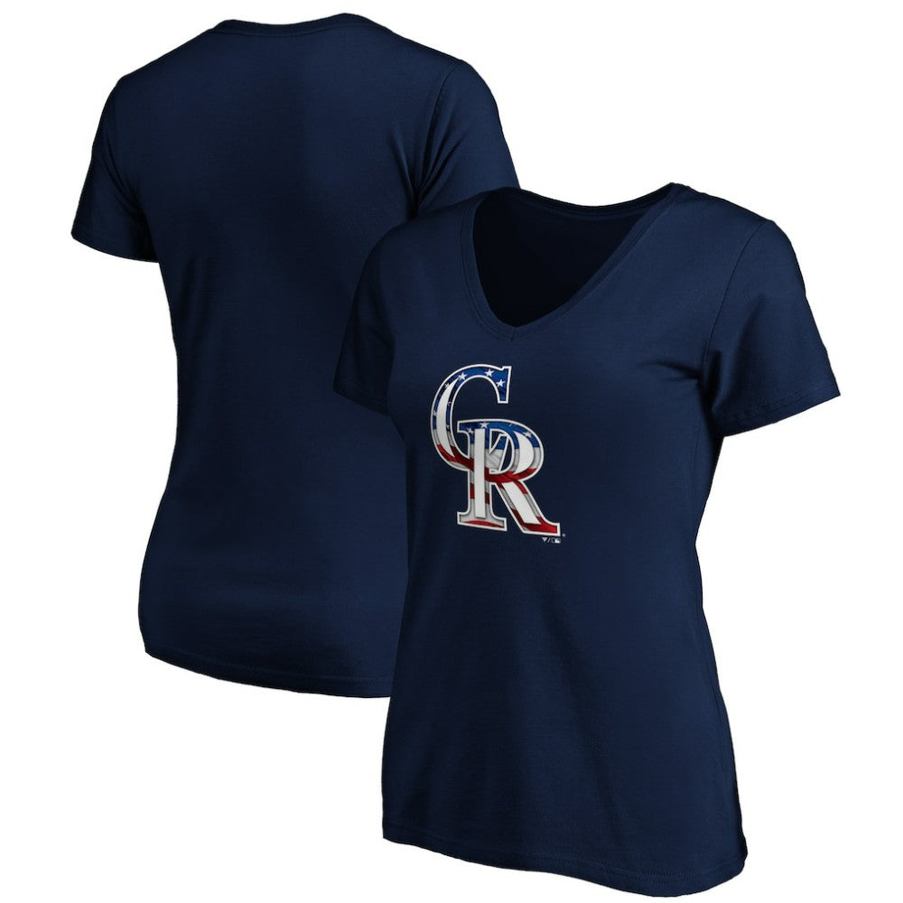 Colorado Rockies Logo Women's Banner Wave V-Neck T-Shirt Navy