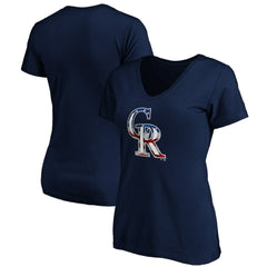 Colorado Rockies Logo Women's Banner Wave V-Neck T-Shirt Navy