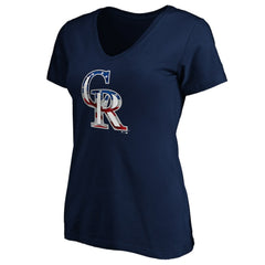Colorado Rockies Logo Women's Banner Wave V-Neck T-Shirt Navy