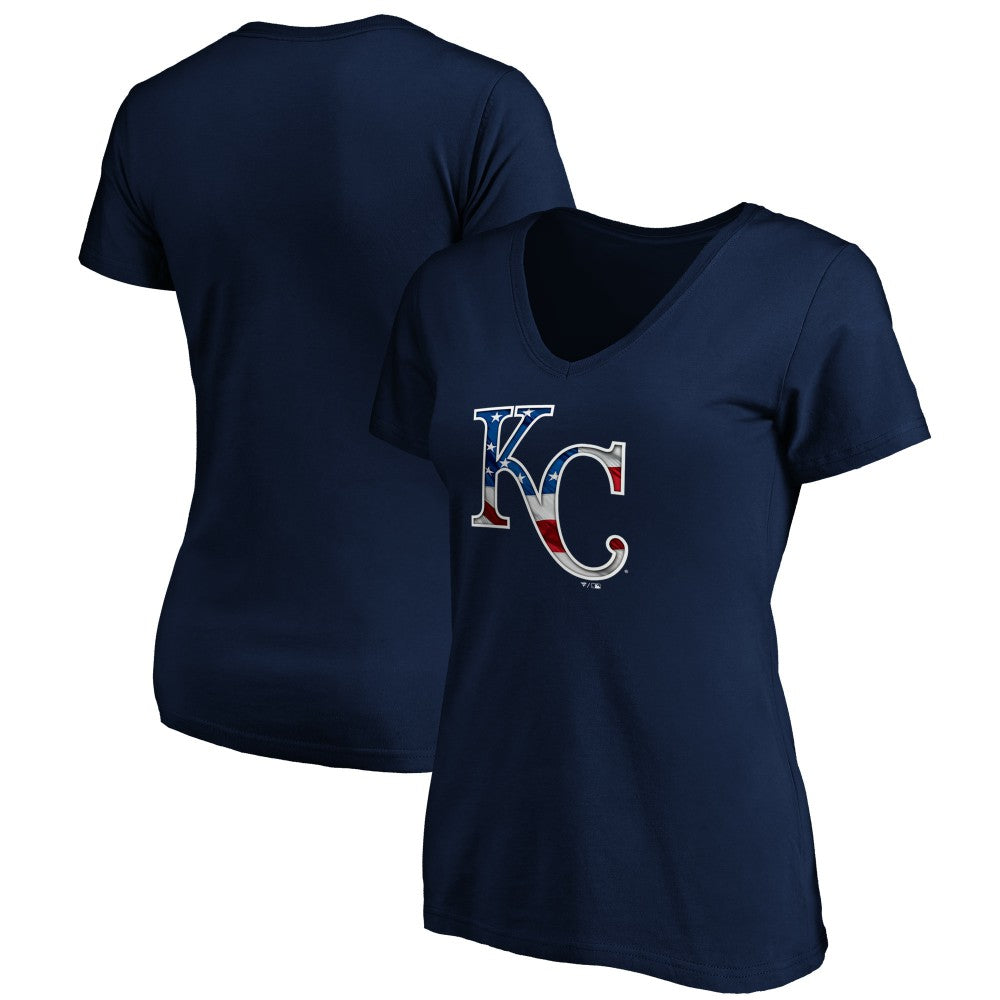 Kansas City Royals Logo Women's Banner Wave V-Neck T-Shirt Navy