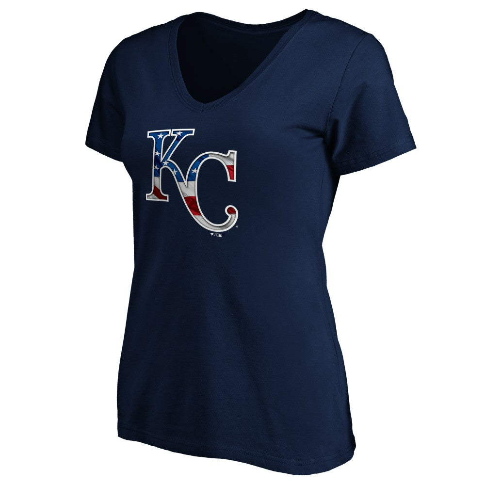 Kansas City Royals Logo Women's Banner Wave V-Neck T-Shirt Navy