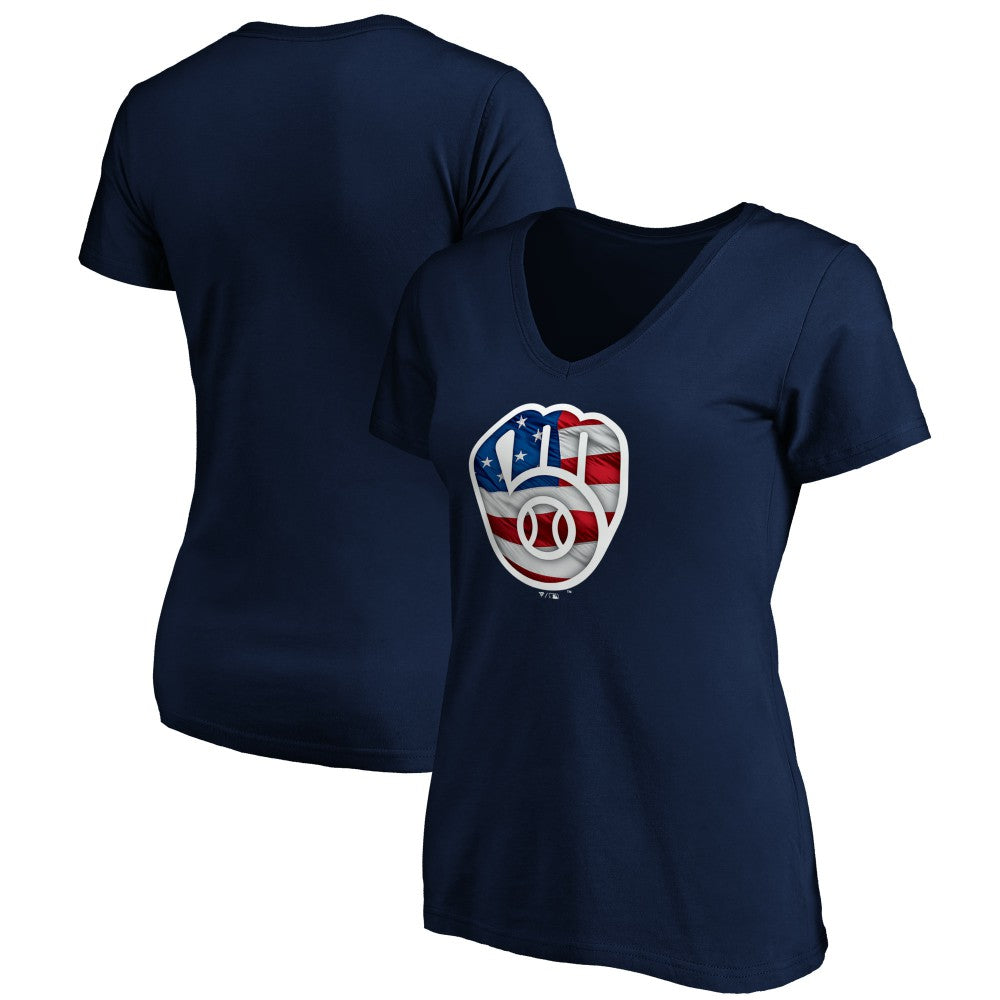 Milwaukee Brewers Logo Women's Banner Wave V-Neck T-Shirt Navy
