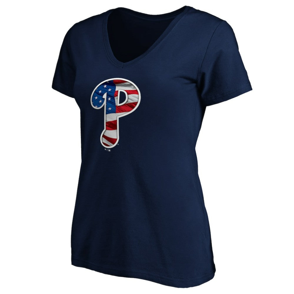 Philadelphia Phillies Logo Women's Banner Wave V-Neck T-Shirt Navy
