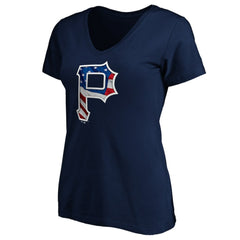 Pittsburgh Pirates Logo Women's Banner Wave V-Neck T-Shirt Navy