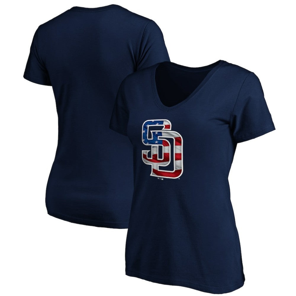 San Diego Padres Logo Women's Banner Wave V-Neck T-Shirt Navy