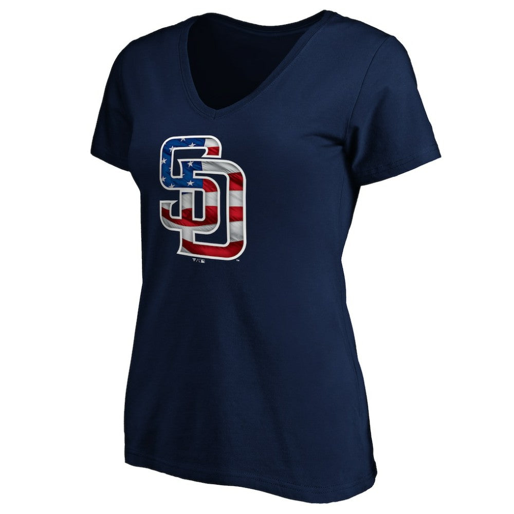 San Diego Padres Logo Women's Banner Wave V-Neck T-Shirt Navy