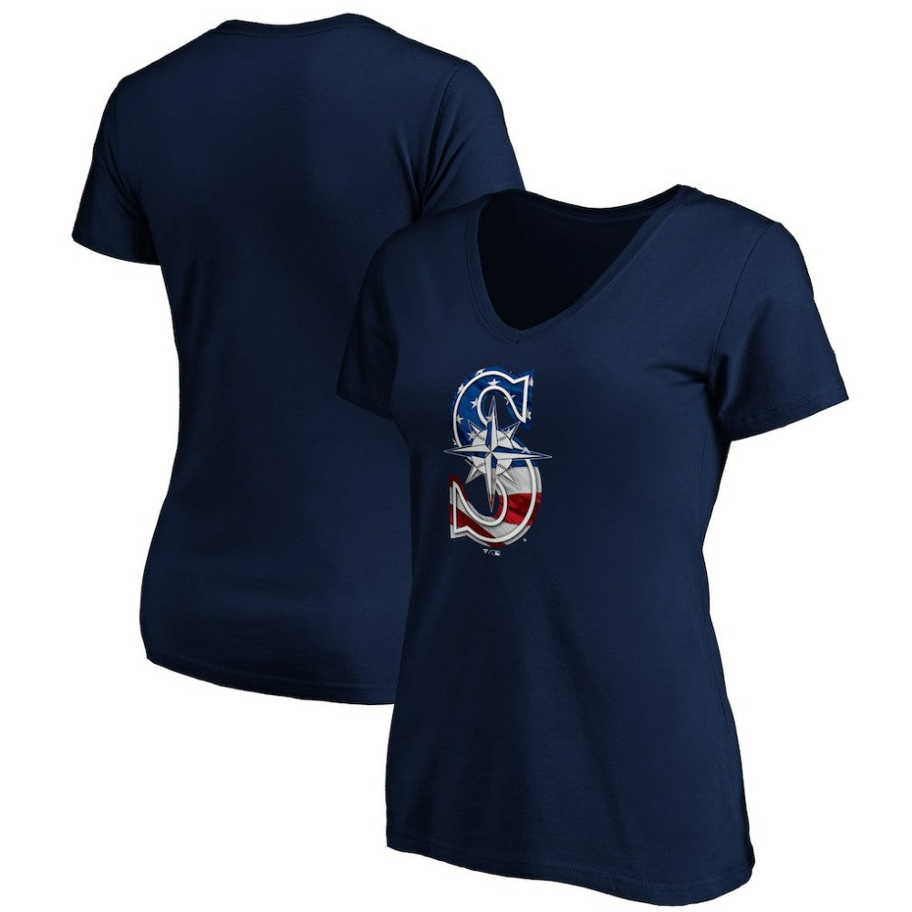 Seattle Mariners Logo Women's Banner Wave V-Neck T-Shirt Navy