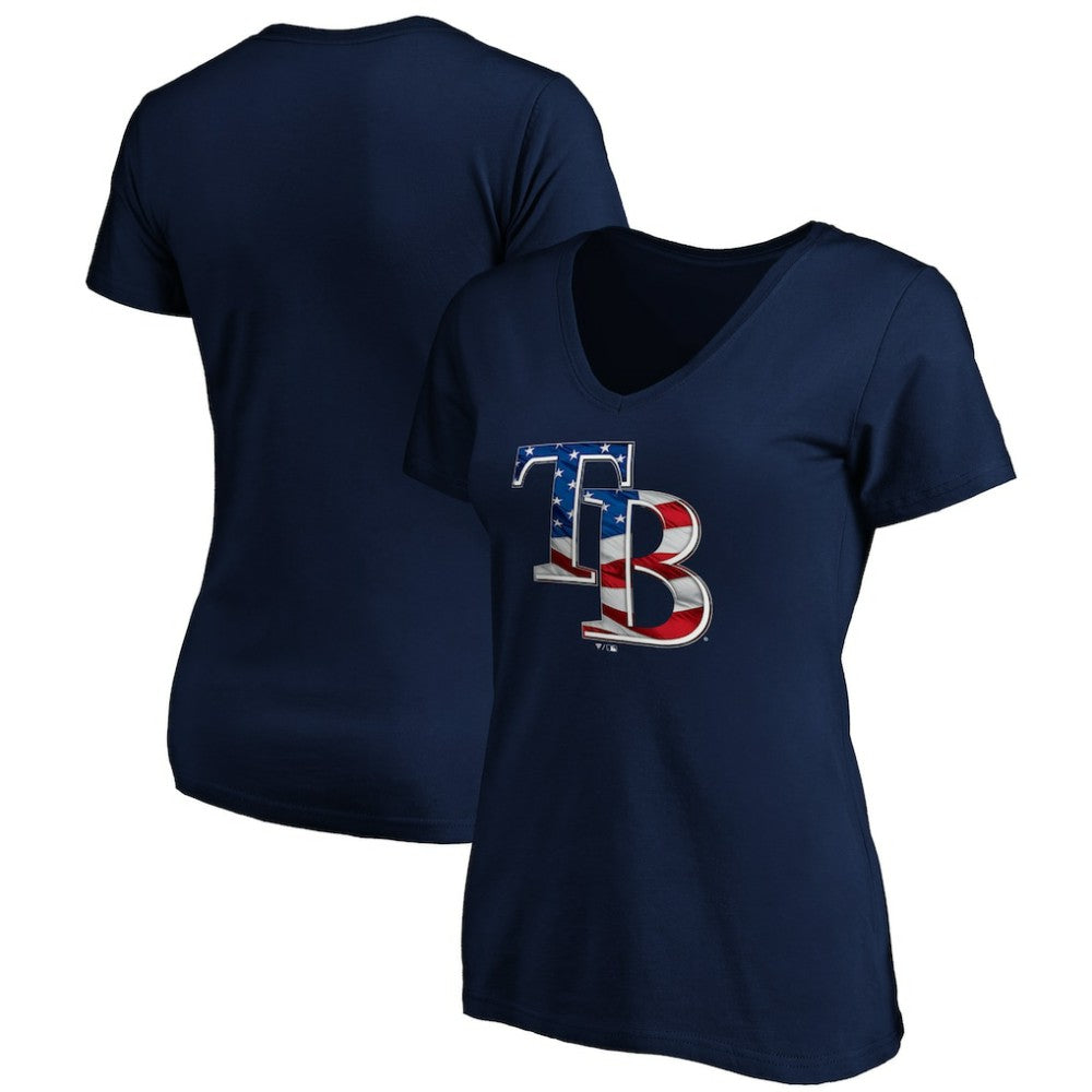 Tampa Bay Rays Logo Women's Banner Wave V-Neck T-Shirt Navy