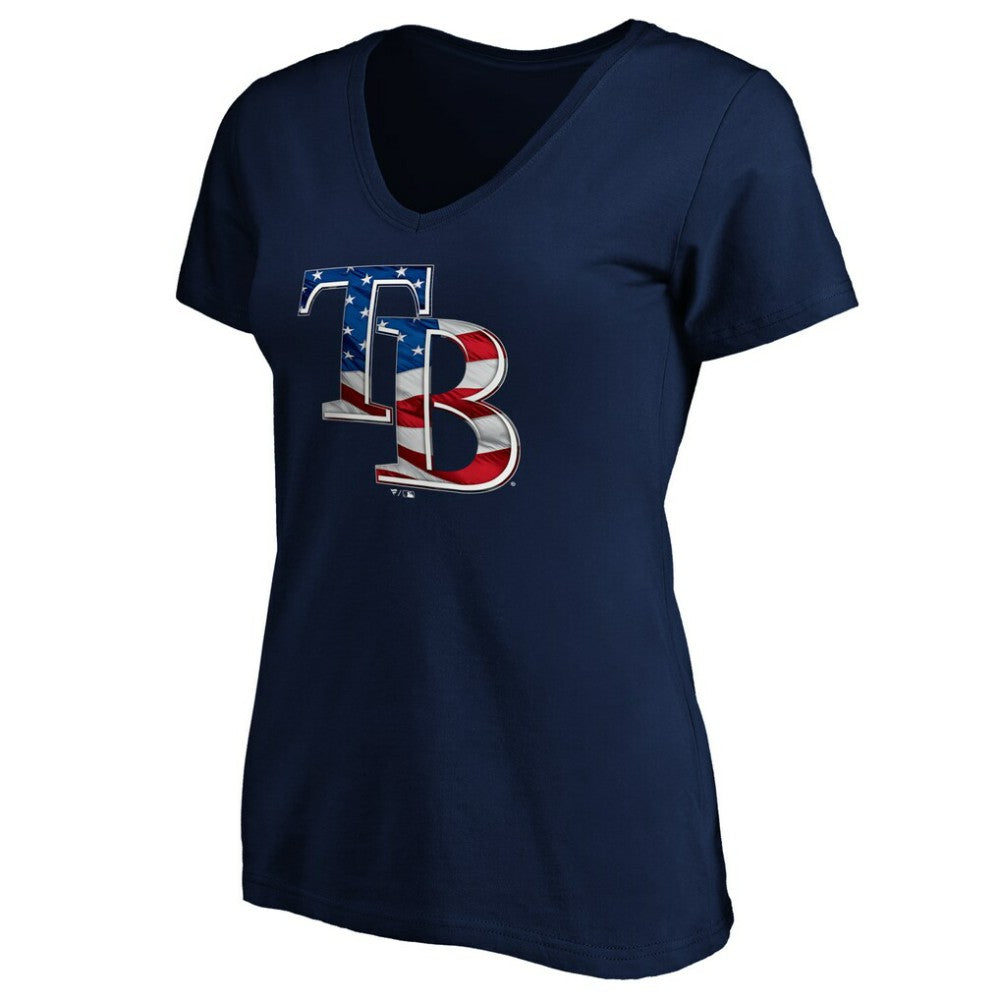 Tampa Bay Rays Logo Women's Banner Wave V-Neck T-Shirt Navy