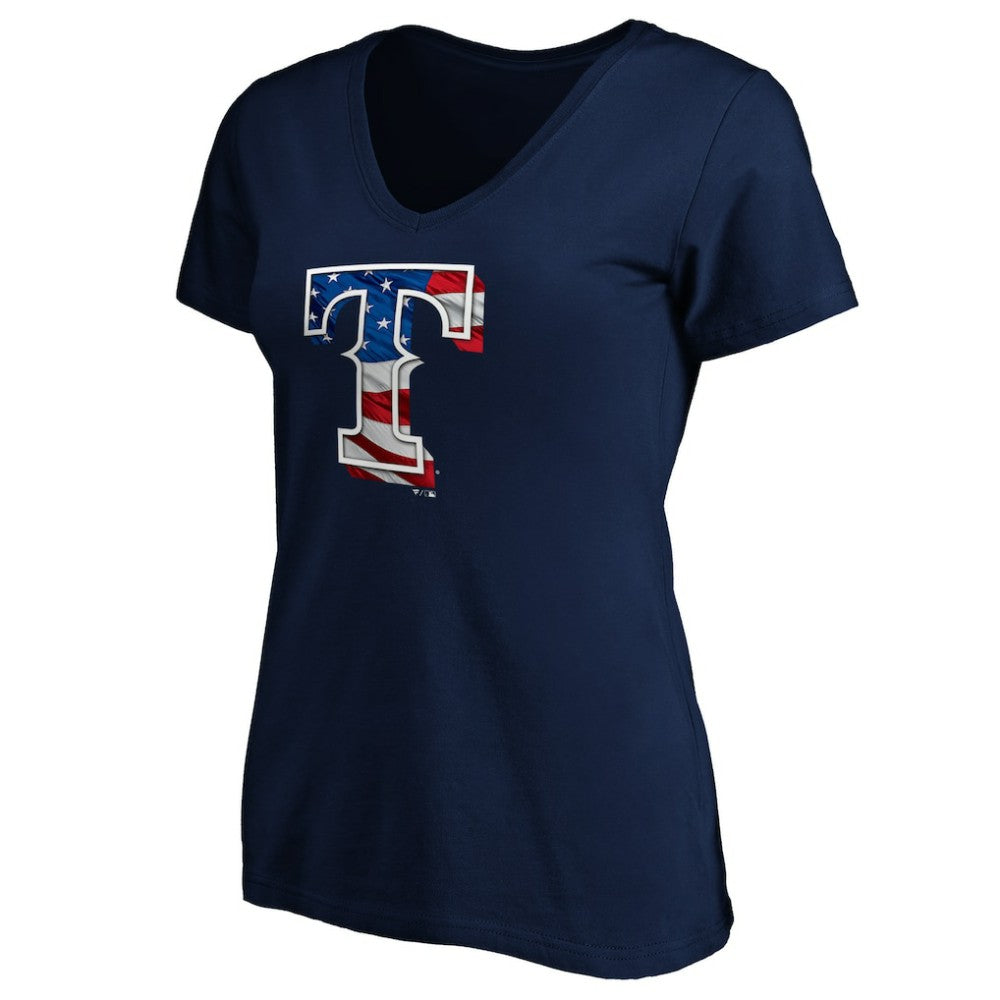 Texas Rangers Logo Women's Banner Wave V-Neck T-Shirt Navy
