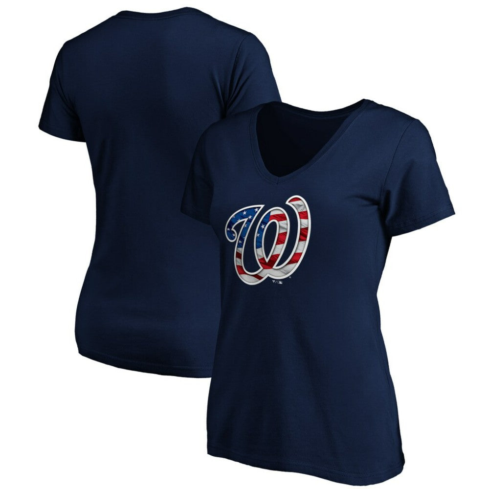 Washington Nationals Logo Women's Banner Wave V-Neck T-Shirt Navy