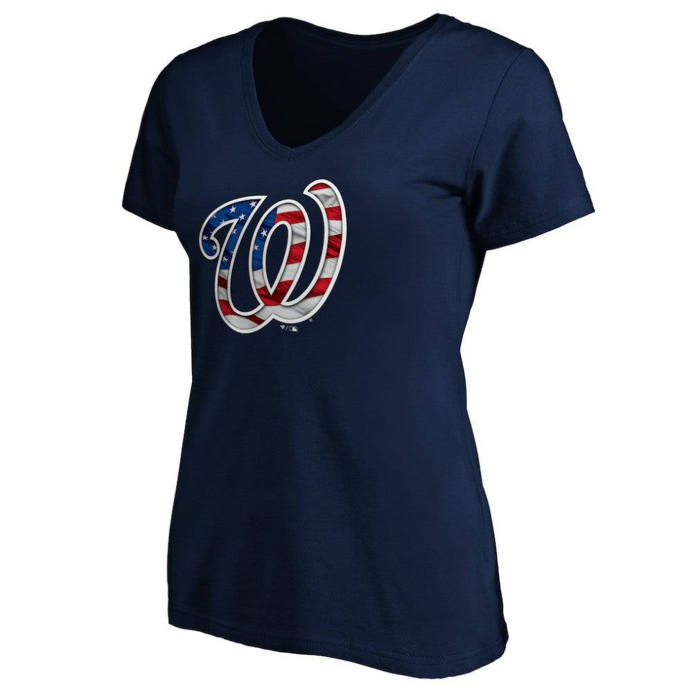 Washington Nationals Logo Women's Banner Wave V-Neck T-Shirt Navy