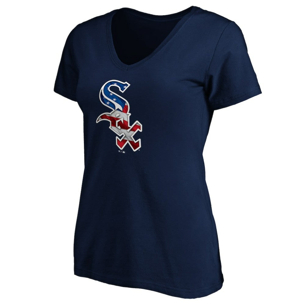 Chicago White Sox Logo Women's Banner Wave V-Neck T-Shirt Navy
