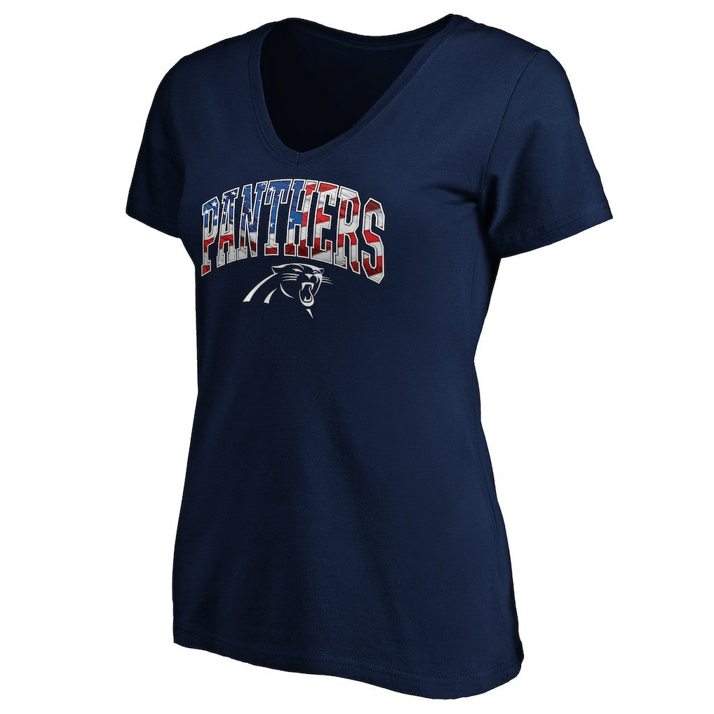 Carolina Panthers Logo Women's Banner Wave V-Neck T-Shirt - Navy on sale