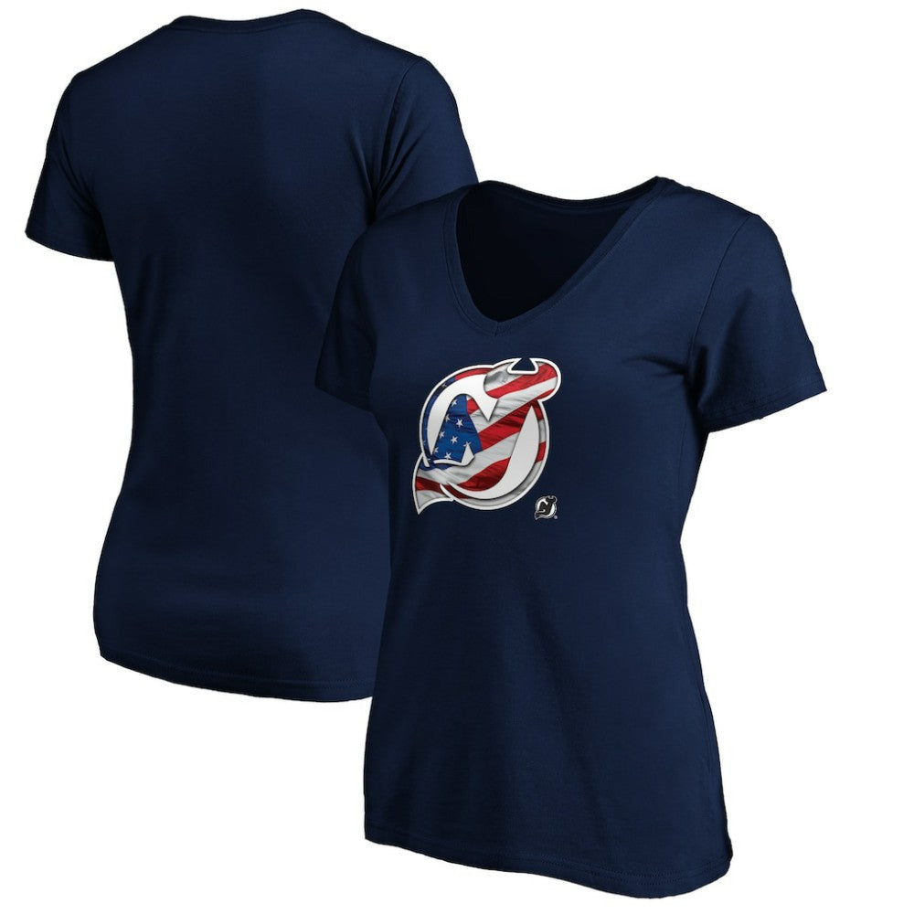 New Jersey Devils Women's Banner Wave Logo V-Neck T-Shirt T-Shirt - Navy T-shirts