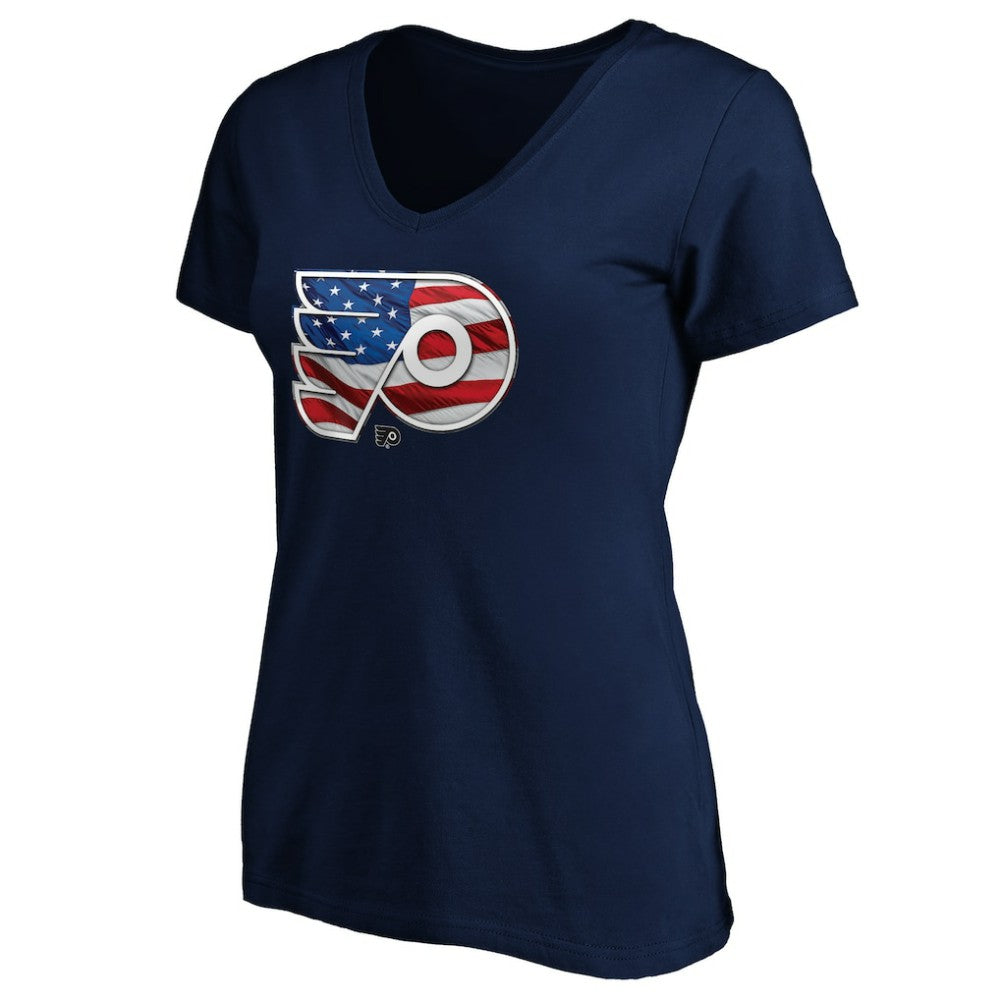 Philadelphia Flyers Women's Banner Wave Logo V-Neck T-Shirt T-Shirt - Navy T-shirts