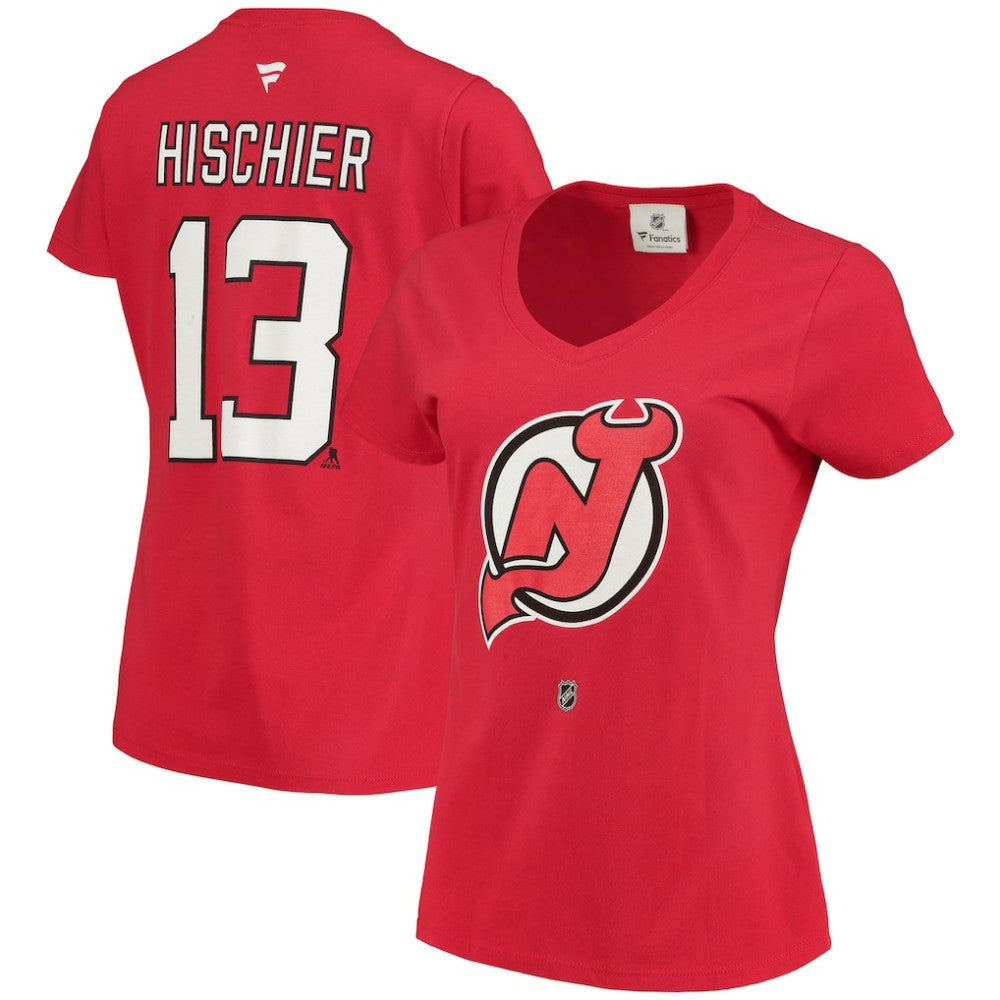 Nico Hischier New Jersey Devils Fanatics Women's Name & Number Logo V-Neck T-Shirt - Red T-shirts