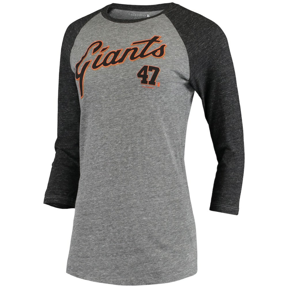 Johnny Cueto San Francisco Giants 5th & Ocean by Women's Script Name & Number Raglan Tri-Blend 3/4-Sleeve T-Shirt Gray