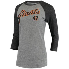 Johnny Cueto San Francisco Giants 5th & Ocean by Women's Script Name & Number Raglan Tri-Blend 3/4-Sleeve T-Shirt Gray