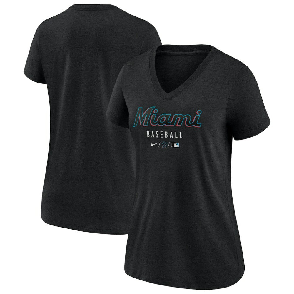 Miami Marlins Women's Authentic Collection Tri-Blend V-Neck T-Shirt Heather Black