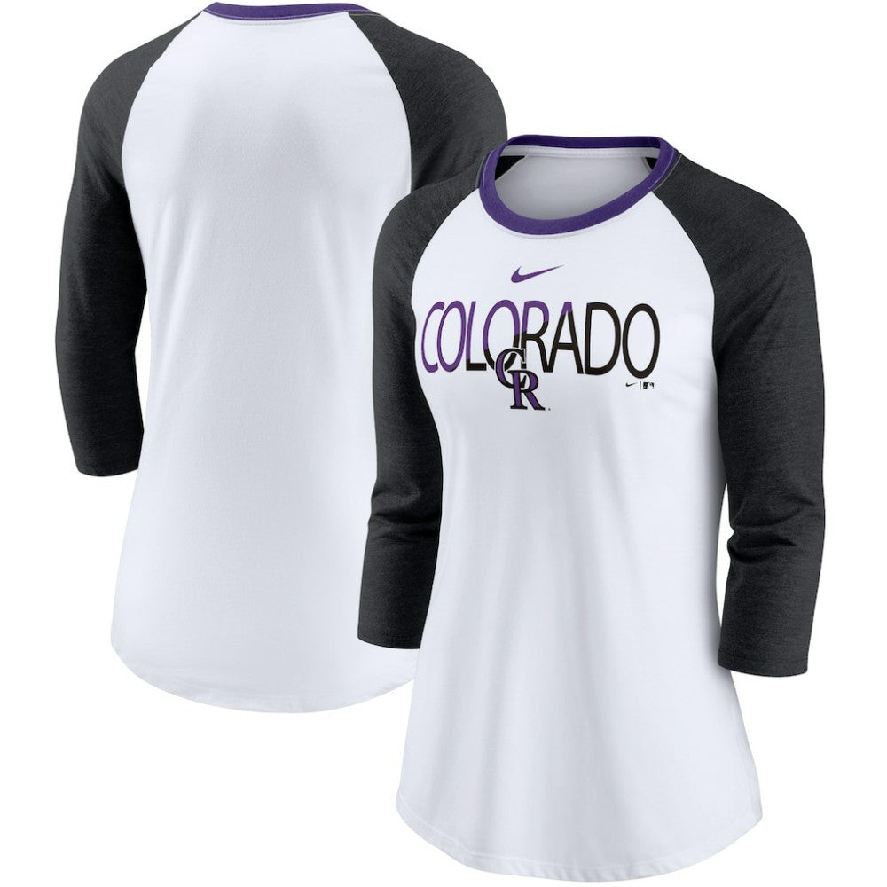 Colorado Rockies Women's Color Split Tri-Blend 3/4-Sleeve Raglan T-Shirt White/Heathered Black