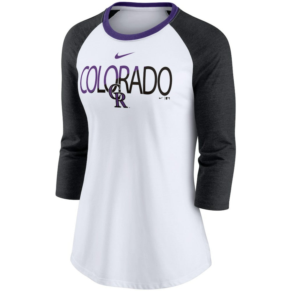 Colorado Rockies Women's Color Split Tri-Blend 3/4-Sleeve Raglan T-Shirt White/Heathered Black