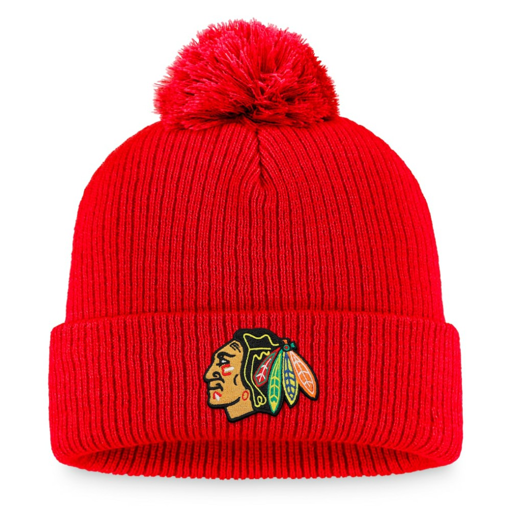 Chicago Blackhawks Fanatics Primary Logo Cuffed Knit Hat with Pom - Red Hats