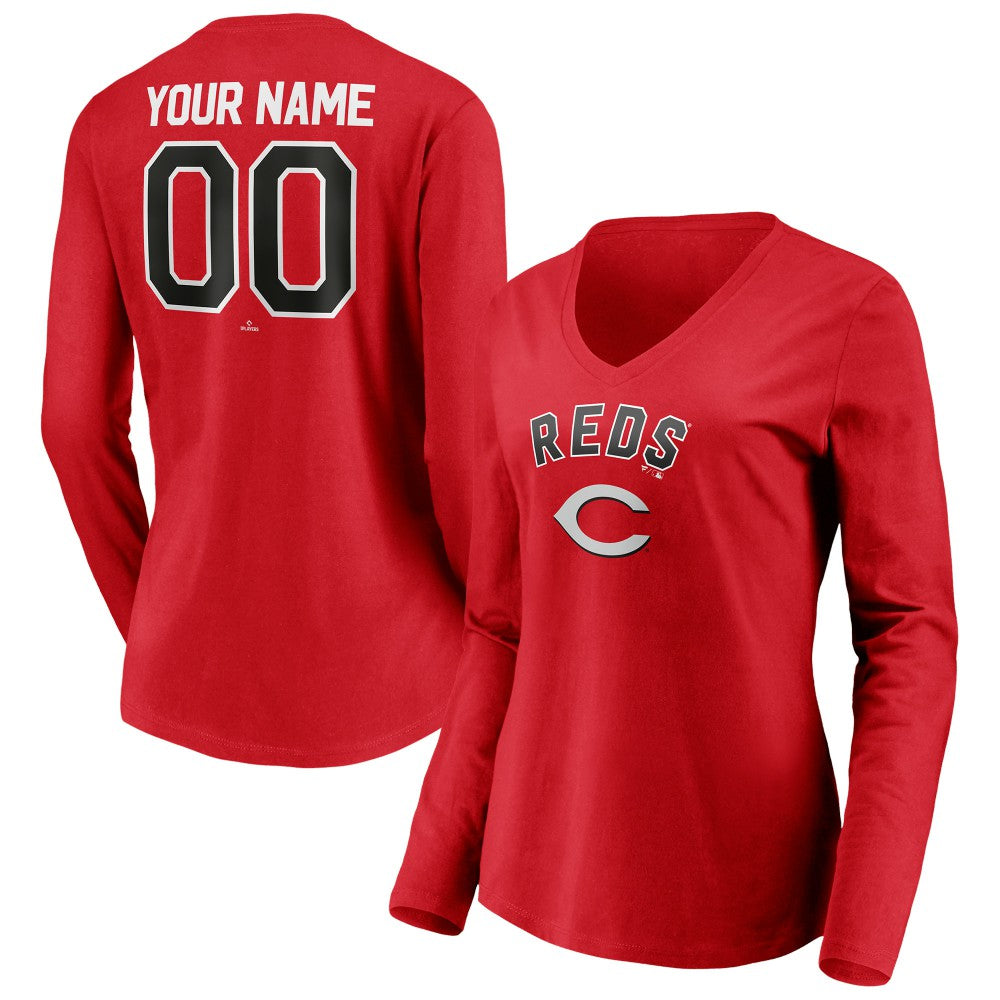 Cincinnati Reds Women's Personalized Winning Streak Name & Number Long Sleeve V-Neck T-Shirt Red