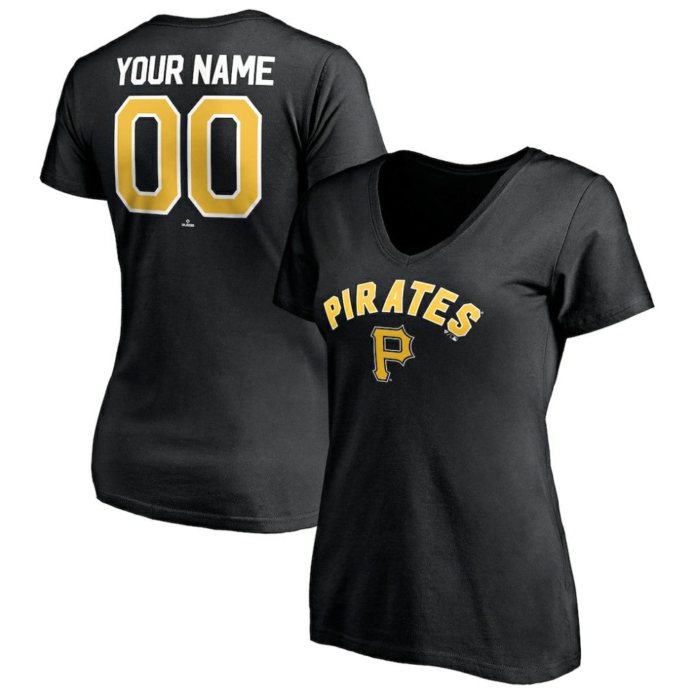 Pittsburgh Pirates Women's Personalized Winning Streak Name & Number V-Neck T-Shirt Black
