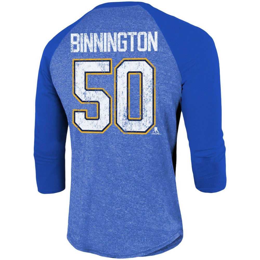 Jordan Binnington St. Louis Blues Fanatics Name & Number Tri-Blend Raglan 3/4-Sleeve T-Shirt - Blue T-shirts