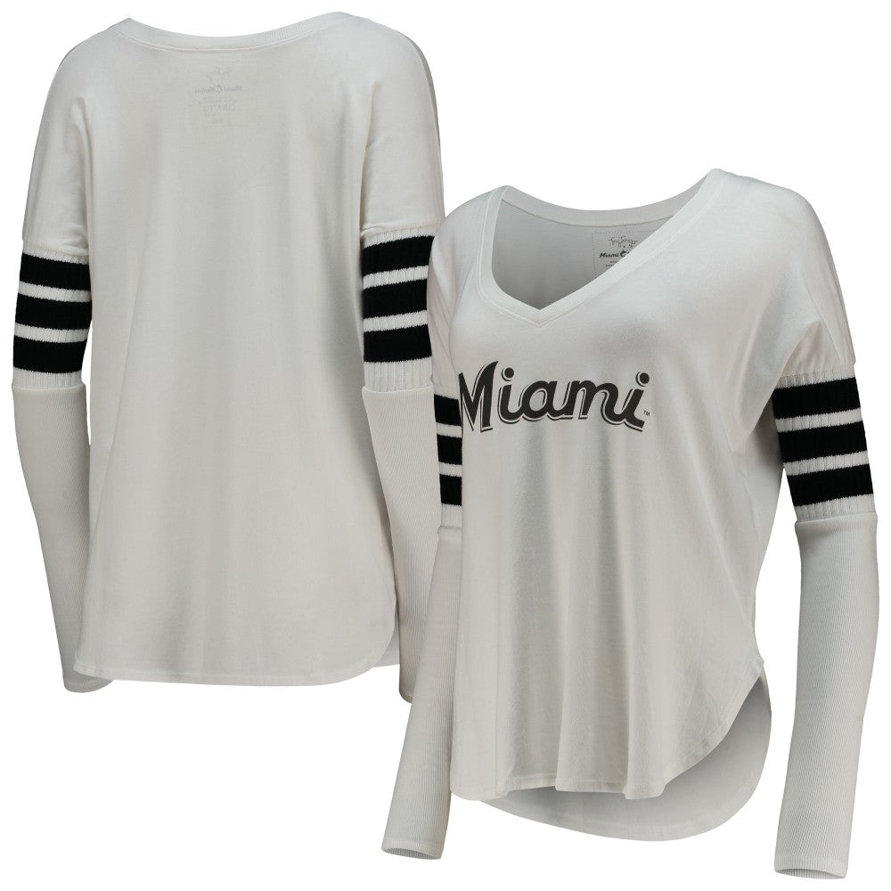 Miami Marlins Tiny Turnip Women's Jalynne Jersey Tri-Blend Long Sleeve V-Neck T-Shirt White