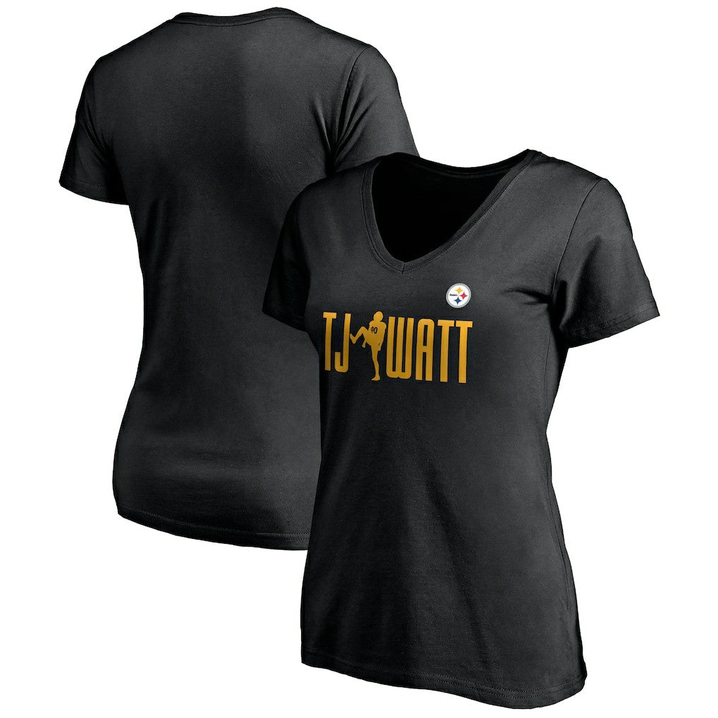 T.J. Watt Pittsburgh Steelers Women's Checkdown V-Neck T-Shirt - Black outlet