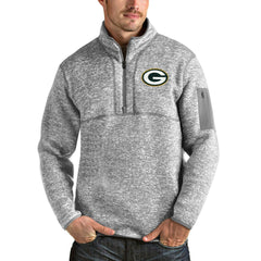 Green Bay Packers Antigua Team Logo Fortune Quarter-Zip Pullover Jacket - Heather Gray cheap