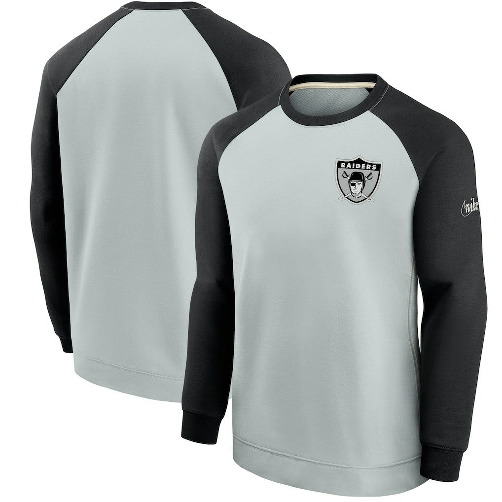 Las Vegas Raiders Historic Raglan Crew Performance Sweater - Silver/Black on sale