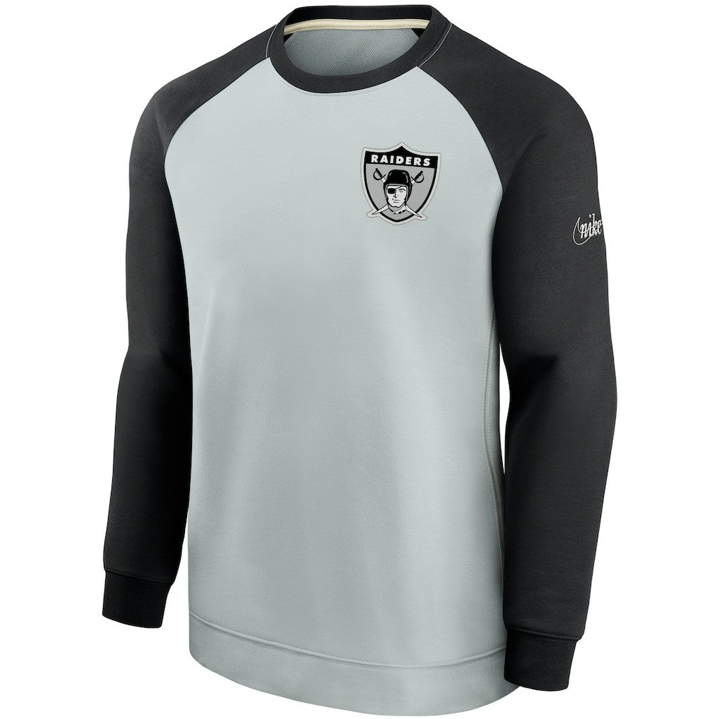 Las Vegas Raiders Historic Raglan Crew Performance Sweater - Silver/Black on sale