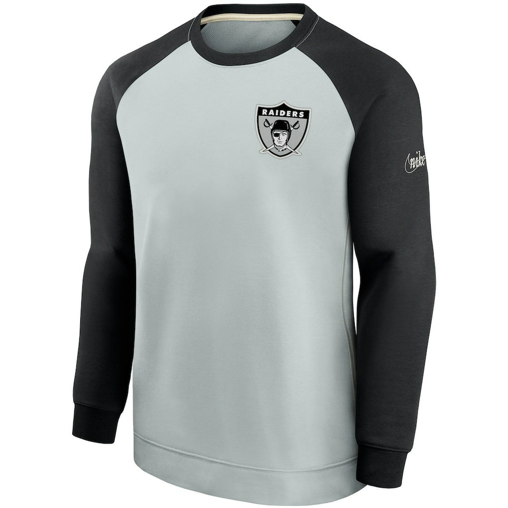 Las Vegas Raiders Historic Raglan Crew Performance Sweater - Silver/Black on sale